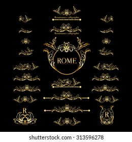 Vector set of italian calligraphic design elements for page decor, dividers and ornate headpieces,vintage underscore,underline. Luxury style calligraphy.