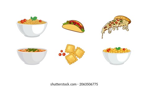 Vector Set of Italian Coisin Dishes Colorful Icons, Colored Illustrations, Handdrawn Food, Italian Cuisine.