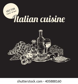 Vector set of italian national food. Background consist of grapes, tomatoes, pizza, glass with wine, bottle, olives oil, lasagna, pasta. mushrooms, olives and cheese. Hand drawn sketch art style. 