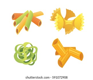Vector set Italian pasta in cartoon style. Different types and shapes of macaroni with. Ravioli, spaghetti, tortiglioni illustration