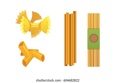 Vector set Italian pasta in cartoon style. Different types and shapes of macaroni with. Ravioli, spaghetti, tortiglioni illustration.