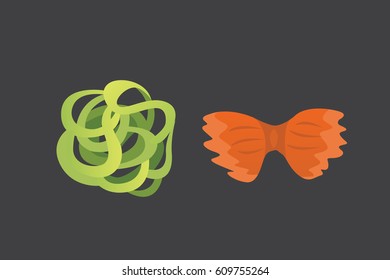 Vector set Italian pasta in cartoon style. Different types and shapes of macaroni with. Ravioli, spaghetti, tortiglioni illustration