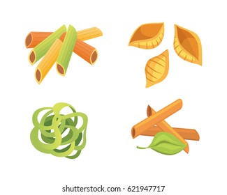 Vector set Italian pasta in cartoon style. Different types and shapes of macaroni with. Ravioli, spaghetti, tortiglioni illustration