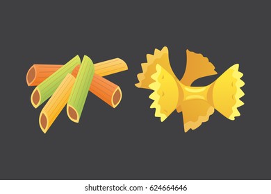 Vector set Italian pasta in cartoon style. Different types and shapes of macaroni with.