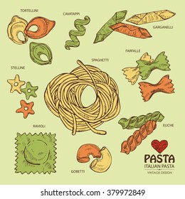 Vector set: Italian pasta. Collection of different types of pasta. hand drawn