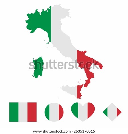 Vector set of Italy high detailed map flag and national flag round badge isolated on white background.