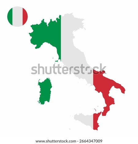 Vector set of Italy high detailed map flag and national flag round badge isolated on white background.