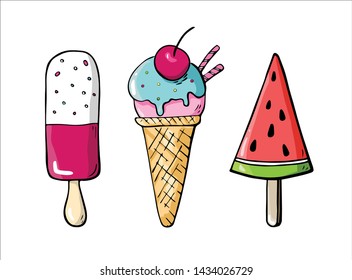 Vector set of iTasty ce creams with different flavours. Hand-drawn illustration. Set of doodle icecream isolated on white. Cartoon Ice cream collection of summer delicious in flat style. Gelatos