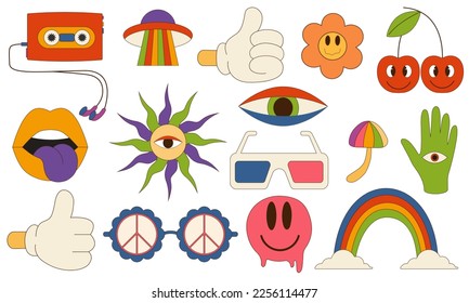 Vector set of items 70s. Retro icons in trendy 70s style. Vector icons: lips,floppy disk,heart,daisy,flower, 3d glasses,rainbow,sunglasses,smile face,mashrooms.Vector illustration