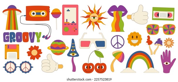 Vector set of items 70s. Retro icons in trendy 70s style. Vector icons: lips,floppy disk,heart,daisy,flower, 3d glasses,rainbow,sunglasses,smile face,mashrooms.Vector illustration