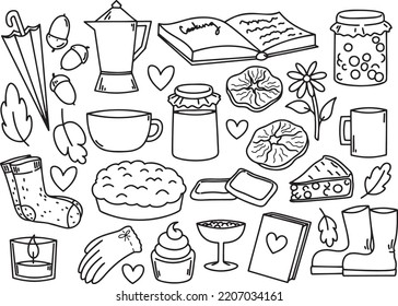 Vector set of items for autumn weather and tea party. Creative set isolated with a black line on a white background.