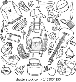 vector set items for camping  travel  picnics  contour elements isolated white background  guitar  bonfire  sweater  socks  hiking backpack  cauldron  ax  sleeping bag   more