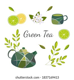 Vector set with items for green tea on a white background. Teapot and cup.