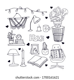 Vector set of items for the home. Doodle search elements.