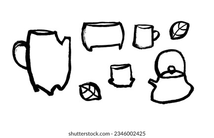 Conjunto vectorial de objetos para la ceremonia japonesa del té en estilo caligráfico. Tetera, taza, whisky para el té. Tradición oriental, gráficos, dibujo a mano, boceto, garabato. Negro sobre blanco. Eps10