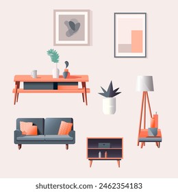 Vector set of items for living room interior. To create a cozy living room design with a sofa, table and decorative accessories.