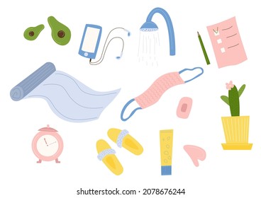 
Vector set with items for the morning routine. Yoga mat, breakfast, alarm clock, slippers, shower and washcloth, toothbrush. Items for diary in flat style isolated on white background.