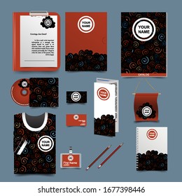 Vector Set Of Items POS - Materials For Corporate Identity, Abstract Pattern, Black Outline And Colored Swirls.