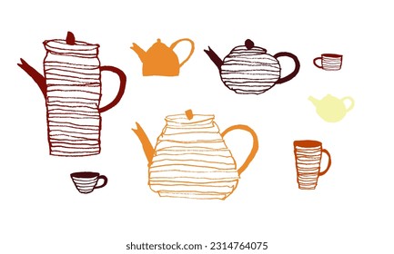 Juego de vectores para el té. Teteras, tazas de diferentes tamaños y colores. Dibujo manual, dibujo, garabato, estilización. Cafetería, club de té, restaurante. Rojo, marrón, naranja sobre un fondo blanco. Eps10