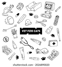 Vector set of items for the treatment of cats. Isolated veterinary illustrations for cats in doodle style