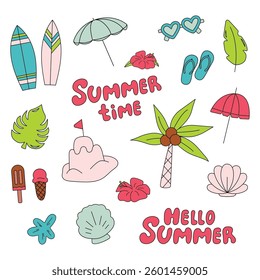 Vector set of items for vacations, vacations, and travel. Beach accessories vector icons for websites. Tropical vacation. 