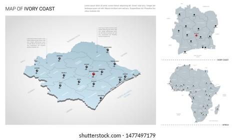Vector set of Ivory Coast country.  Isometric 3d map, Ivory Coast map, Africa map - with region, state names and city names. 