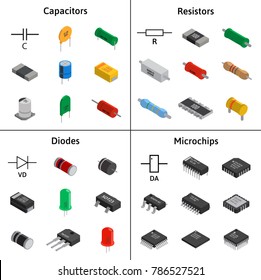 Vector set of izometric electronic components. Collection of capacitors, resistors, diodes, microchips