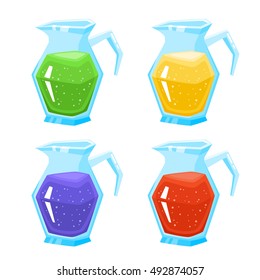 Vector set of jag with fresh color smoothie and straw isolated on white. Glass mug with juice, smoothie or lemonade used for magazine, book, poster, card, menu cover, web pages.