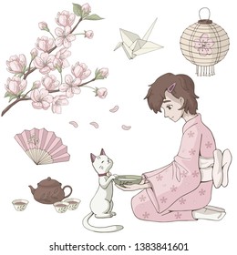 Vector set of Japan elements with girl and sakura isolated on white. Illustration of Japan Hanami Festival.