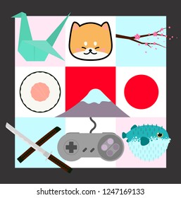 vector set of japan with origami crane bird, kawaii akira dog, sakura branch, sushi roll, fujiyama mount, japan flag, harakiri tanto sword, conroller of nintendo console, fugu fish