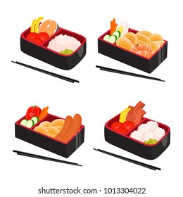 Vector set of japanese bento box isolated on white. Traditional asian food with noodles, rice, ham, cucumber, salmon, shrimp, egg, tomato used for magazine, kitchen textile, menu cover, web pages.