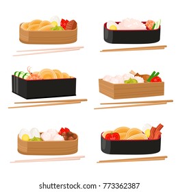 Vector set of japanese bento box isolated on white. Traditional asian food with noodles, wasabi, tomato, egg, rice, bacon, shrimp, salmon used for magazine, kitchen textile, menu cover, web pages.