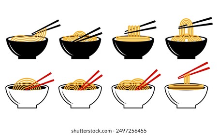 vector set Japanese bowl noodles with chopstick icon logo. ramen symbol design illustration