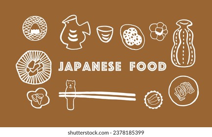 Vector set of Japanese cuisine dishes. Hand drawing, illustration, sketch, calligraphy, doodle, brush, ink, oriental style. White on beige. Eps10