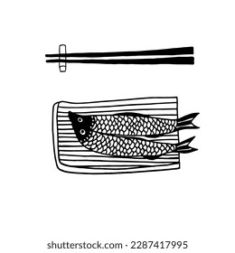 Conjunto vectorial de artículos de cocina japonesa. Platos, peces, palillos. Dibujo manual, ilustración, cosecha. Negro sobre un fondo blanco. Cafetería, restaurante, menú, almuerzo, estilo oriental. Eps10