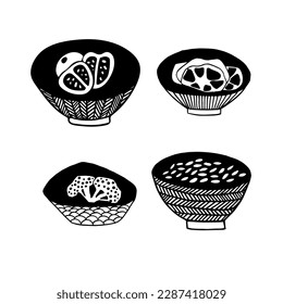 Vector set of Japanese cuisine items. Vegetables, rice, soup. Hand drawing, illustration, vintage. White on a black background. Cafe, restaurant, menu, Asian cuisine, oriental style. Eps10