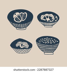 Conjunto vectorial de artículos de cocina japonesa. Verduras, arroz, sopa. Dibujo manual, ilustración, cosecha. Azul sobre un fondo beige. Cafetería, restaurante, menú, Asia, Este. Eps10