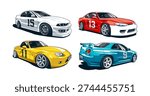 Vector set of Japanese drift cars and JDM sports coupes isolated on white background.