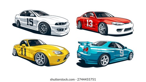 Vector set of Japanese drift cars and JDM sports coupes isolated on white background.