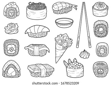 Vector set of japanese food, black and white collection of cartoon sushi, sashimi and rolls