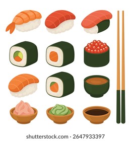 Vector set of Japanese food icons including sushi, maki rolls, salmon, tuna, ikura, wasabi, pickled ginger, soy sauce, chopsticks, and miso soup. Perfect for restaurant, menu, or food projects