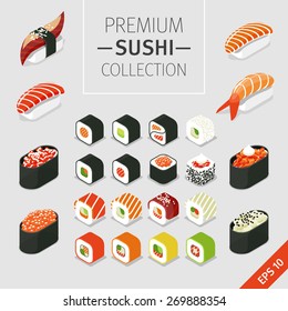 A vector set of Japanese food Icons - colorful sushi and rolls. Isometric food.