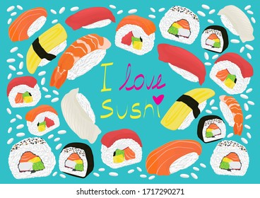 Vector set Japanese food illustration for seafood sushi rolls; sushi illustration set