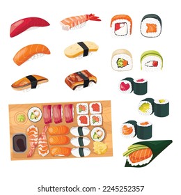 Vector set japanese food illustration for seafood sushi rolls shop design. Sushi icons.