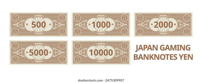 Vector set of Japanese gaming banknotes. Nippon notes in denominations of 500, 1000, 2000, 5000 and 10000 yen. Collection. Blazon and guilloche mesh.