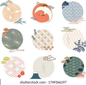 Vector set of Japanese icon and logo template. Geometric pattern in Asian traditional style. Wave, plum flower, cherry blossom flower, carp fish, cloud and bonsai elements.