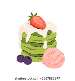 Vector set with japanese matcha desserts. Collection with mochi, matcha mille crepe cake and matcha roll cake, pancakes, macaron, soft serve ice cream, matcha tart and cupcake with strawberry.