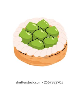 Vector set with japanese matcha desserts. Collection with mochi, matcha mille crepe cake and matcha roll cake, pancakes, macaron, soft serve ice cream, matcha tart and cupcake with strawberry.