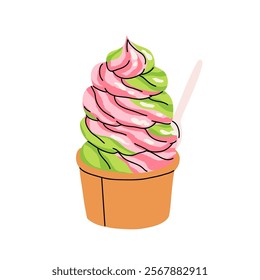 Vector set with japanese matcha desserts. Collection with mochi, matcha mille crepe cake and matcha roll cake, pancakes, macaron, soft serve ice cream, matcha tart and cupcake with strawberry.