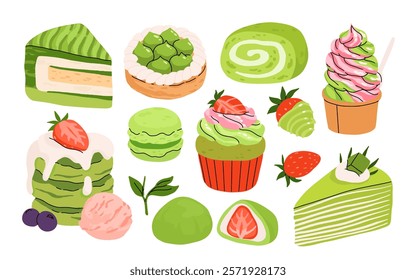 Vector set with japanese matcha desserts. Collection with mochi, matcha mille crepe cake and matcha roll cake, pancakes, macaron, soft serve ice cream, matcha tart and cupcake with strawberry.